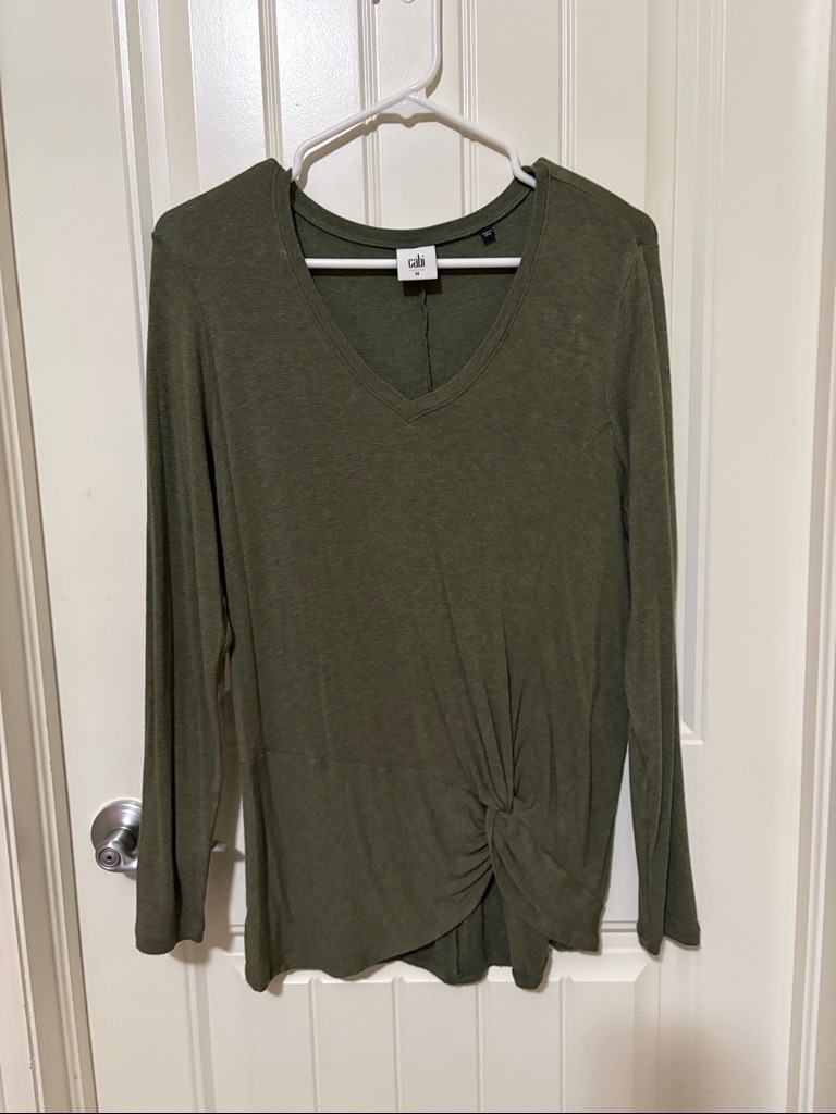 Cabi Olive V-Neck Long Sleeve Twist-Hem Top